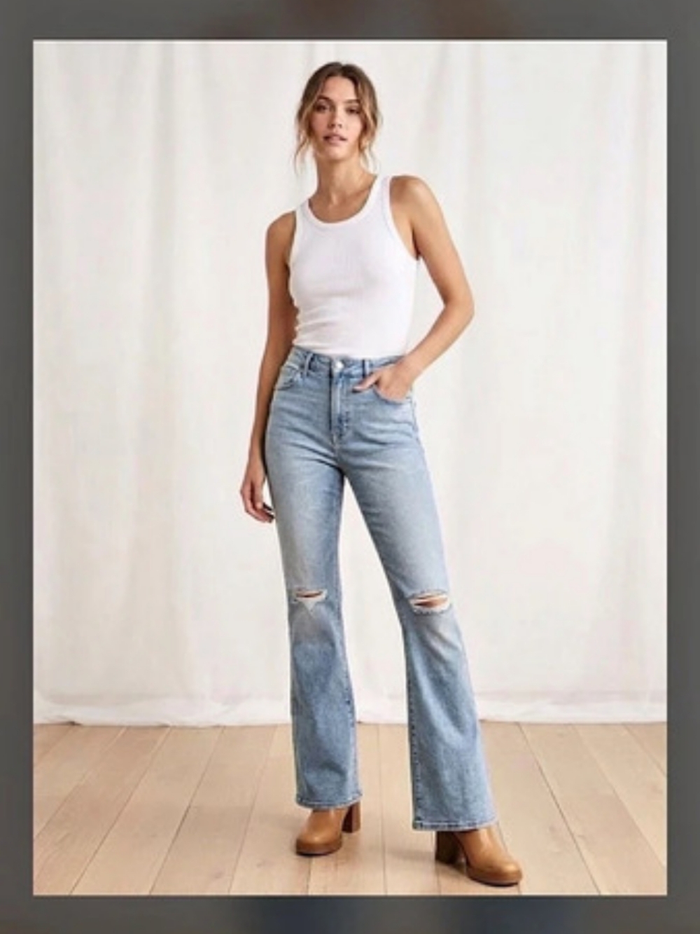 Good American Good Flare High Rise Light Wash Stretch Distressed Jeans, 8/29